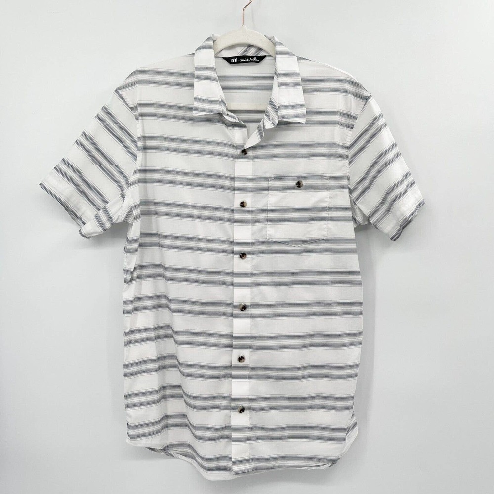 Travis Mathews Striped Button Down Shirt White Size M Shirttail Hem Short Sleeve